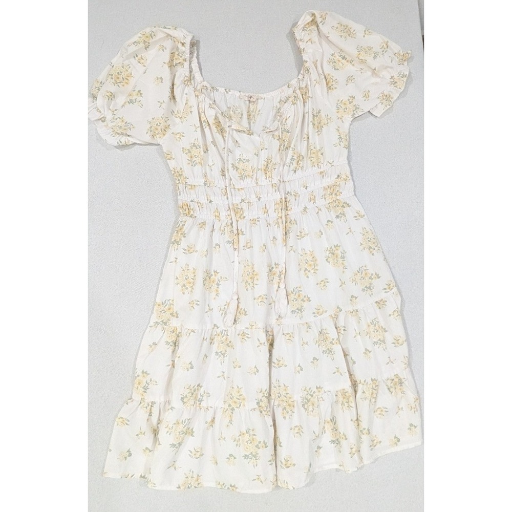 Blush Floral Mini Dress Womens Large White Yellow Excellent Puff Sleeve Smocked